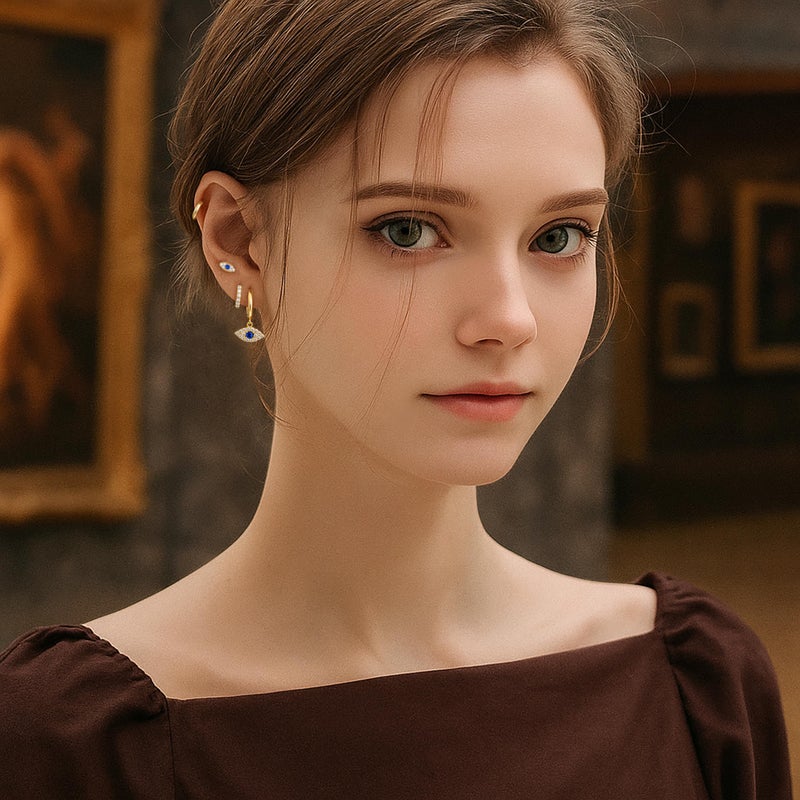 Poxtex Evil Eye Earrings Set for Women, Gold Evil Eye Dangle Stud Hoop Earring Set for Multiple Piercing, Dainty Earrings for Everyday Wear Protection Jewelry - Image 4