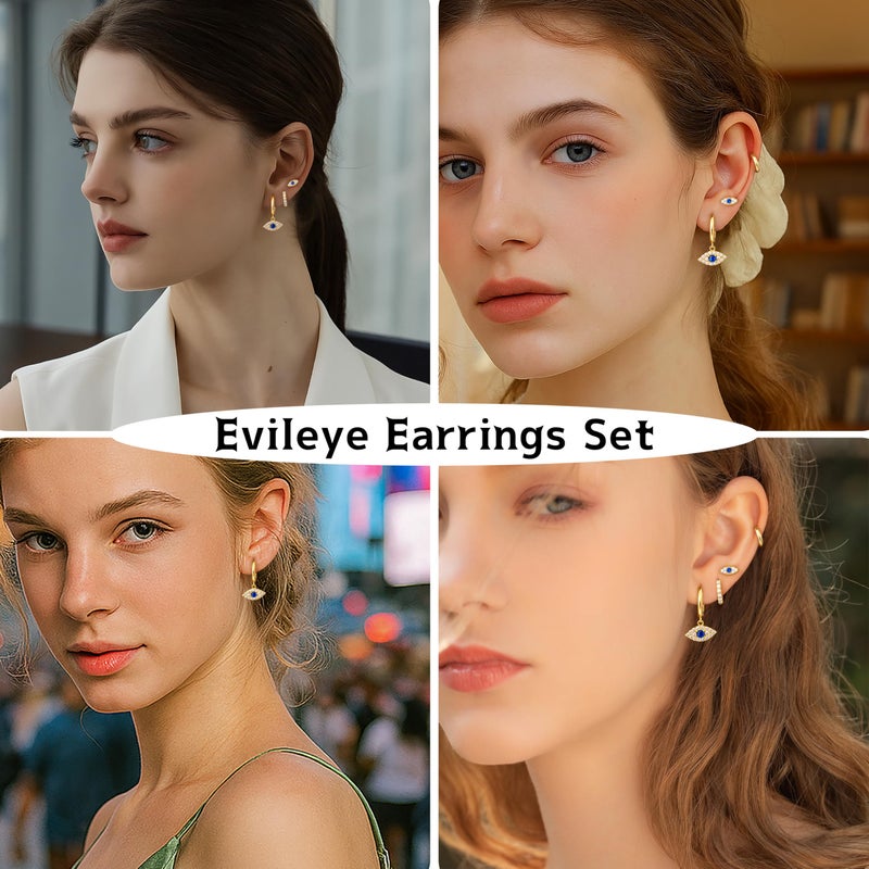 Poxtex Evil Eye Earrings Set for Women, Gold Evil Eye Dangle Stud Hoop Earring Set for Multiple Piercing, Dainty Earrings for Everyday Wear Protection Jewelry - Image 5