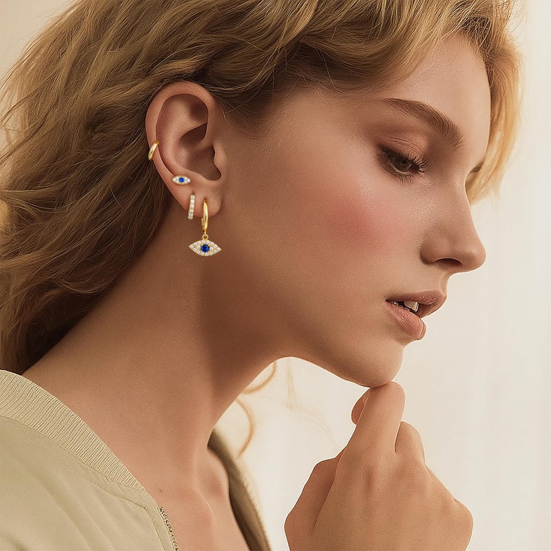 Poxtex Evil Eye Earrings Set for Women, Gold Evil Eye Dangle Stud Hoop Earring Set for Multiple Piercing, Dainty Earrings for Everyday Wear Protection Jewelry - Image 3