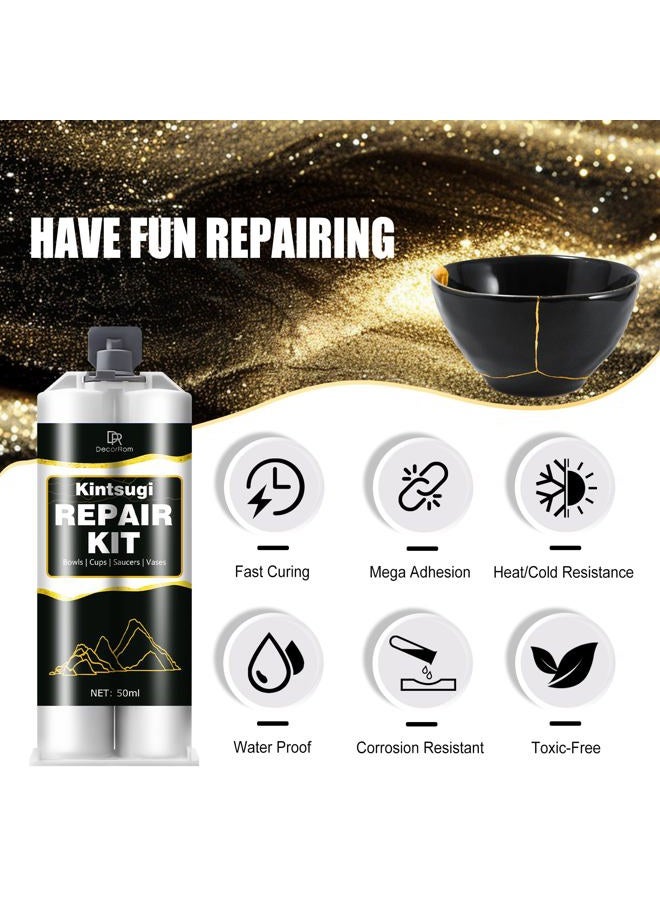 DecorRom Kintsugi Repair Kit - Food Safe Kintsugi Kit Repairs Broken Ceramics, Glass, Jade, Sculptures, Meaningful Pottery - Gold Kintsugi Glue for Ceramics and Porcelain Repair, Japanese Art Kintsugi Craft - Image 3