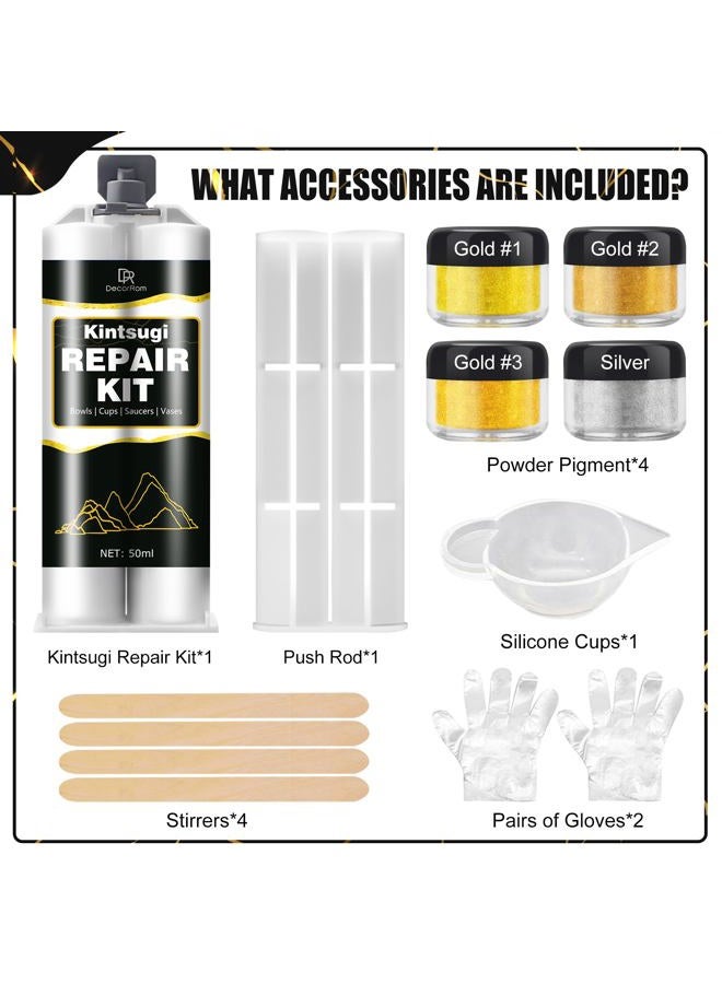 DecorRom Kintsugi Repair Kit - Food Safe Kintsugi Kit Repairs Broken Ceramics, Glass, Jade, Sculptures, Meaningful Pottery - Gold Kintsugi Glue for Ceramics and Porcelain Repair, Japanese Art Kintsugi Craft - Image 2
