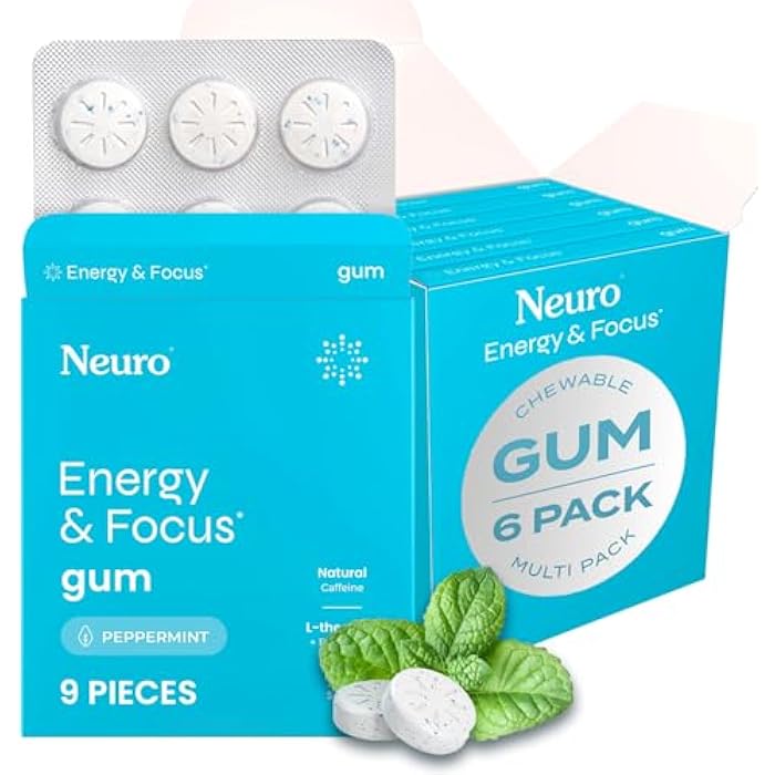 Neuro علكة الطاقة والتركيز العصبي - 40 ملغ من علكة الكافيين الطبيعية ومكمل الطاقة النوتروبي مع L-ثيانين وفيتامينات ب - خالية من السكر، نباتية - بنكهة النعناع، 54 قطعة - Image 1