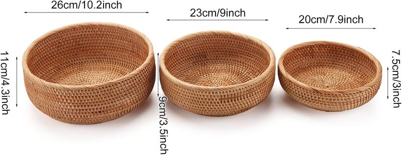 DECRAFTS Round Rattan Fruit Baskets Woven Storage Bowls Key Holder Stackable for Shelf Kitchen Tabletop Natural Set of 3 - Image 5