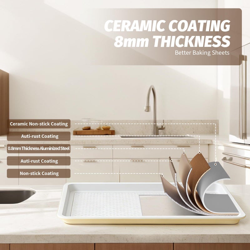 Ymiton Nonstick Ceramic Baking Sheet With Rack, 2-Pack Half Sheet Pan, Non-Toxic, PTFE & PFOA Free, Warp-Free, Oven Safe 550Â°F, Dishwasher Safe, Aluminized Steel, Gray Yellow - Image 5
