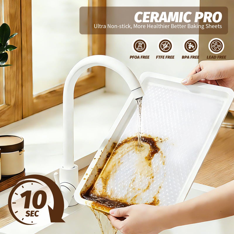 Ymiton Nonstick Ceramic Baking Sheet With Rack, 2-Pack Half Sheet Pan, Non-Toxic, PTFE & PFOA Free, Warp-Free, Oven Safe 550Â°F, Dishwasher Safe, Aluminized Steel, Gray Yellow - Image 4