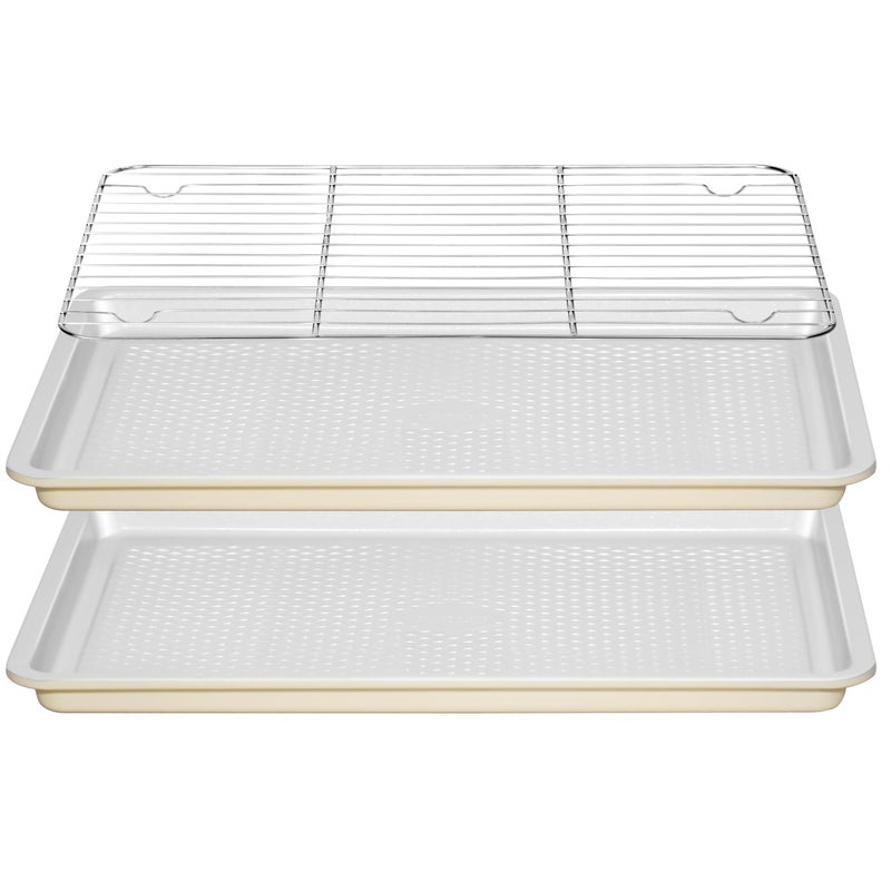 Ymiton Nonstick Ceramic Baking Sheet With Rack, 2-Pack Half Sheet Pan, Non-Toxic, PTFE & PFOA Free, Warp-Free, Oven Safe 550Â°F, Dishwasher Safe, Aluminized Steel, Gray Yellow - Image 1