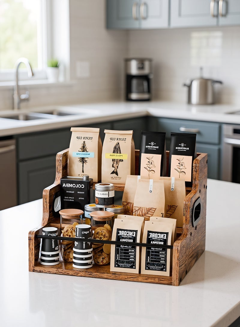 لوبيتيز رف التخزين الرفوف الخشبية من 3 طبقات ، رف العرض مع تصميم سياجين جانبيين للمطبخ تخزين التوابل متعدد الوظائف ورف عرض شراب القهوة التجاري - Image 2