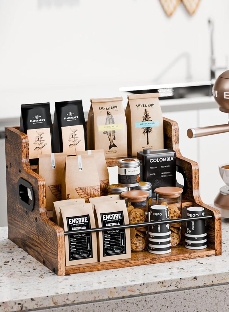 لوبيتيز رف التخزين الرفوف الخشبية من 3 طبقات ، رف العرض مع تصميم سياجين جانبيين للمطبخ تخزين التوابل متعدد الوظائف ورف عرض شراب القهوة التجاري - Image 1