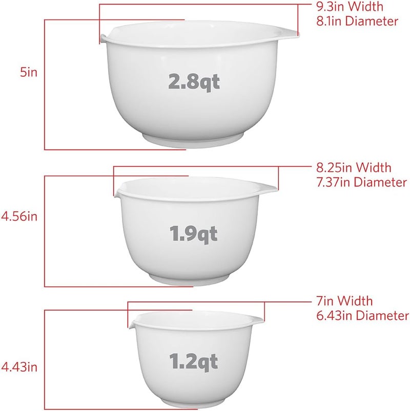 Glad Mixing Bowls with Pour Spout, Set of 3 | Nesting Design Saves Space | Non-Slip, BPA Free, Dishwasher Safe Plastic | Kitchen Cooking and Baking Supplies, White - Image 3