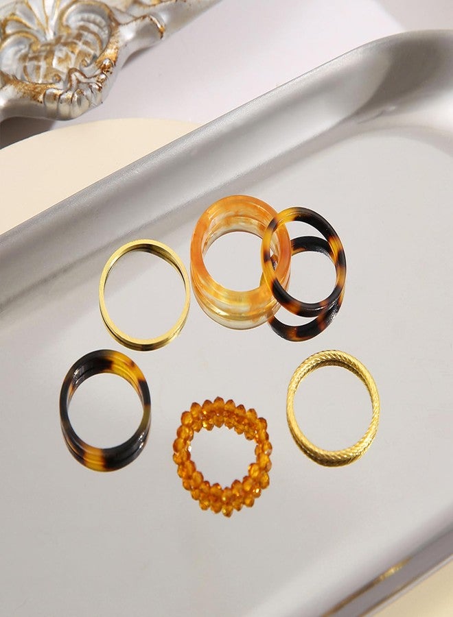 FUTIMELY Vintage Acrylic Knuckle Rings Set Women,Resin Beach Plastic Beaded Gold Stacking Finger Rings Y2K Dainty Trendy Aesthetic Jewelry (Brown Style-B) - Image 5