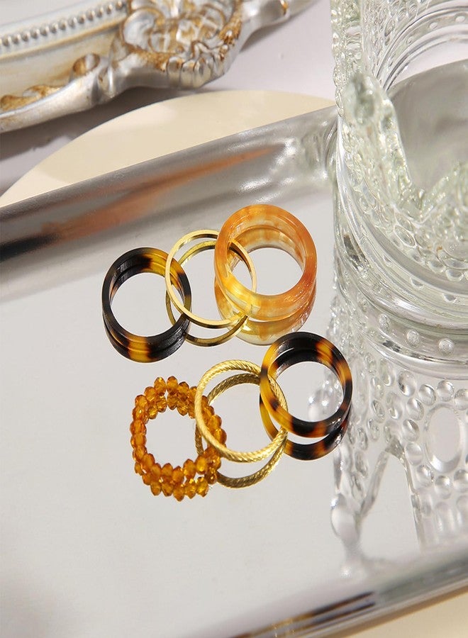 FUTIMELY Vintage Acrylic Knuckle Rings Set Women,Resin Beach Plastic Beaded Gold Stacking Finger Rings Y2K Dainty Trendy Aesthetic Jewelry (Brown Style-B) - Image 4