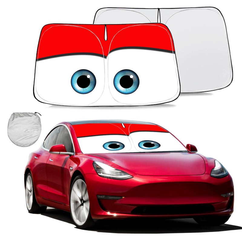 Güvenç Gven Sunshade for Tesla Model Y Accessories 2025 Funny Eyes Windshield Sun Shade Car Front Window Shade for Tesla Model 3 Accesssories Dual-Sided Versatility (Red, for Tesla) - Image 1
