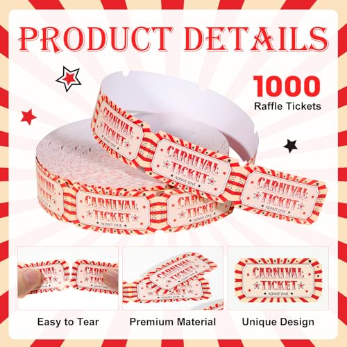 ABURRORI 1000 Pcs Carnival Tickets Carnival Theme Party Decorations Circus Raffle Tickets Roll Party Ticket for Events Carnival Favors Supplies - Image 3