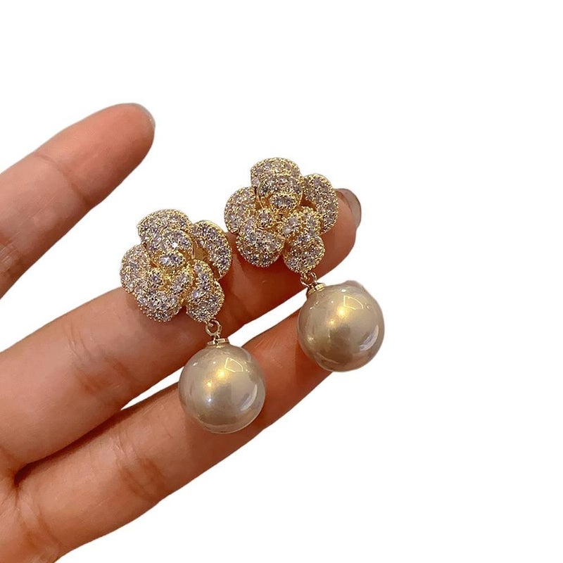 Rhinestone Detail Flower Pearl Earrings with Drop Accent Lightweight Jewelry for Daily Wear and Dressy Styling - Image 2