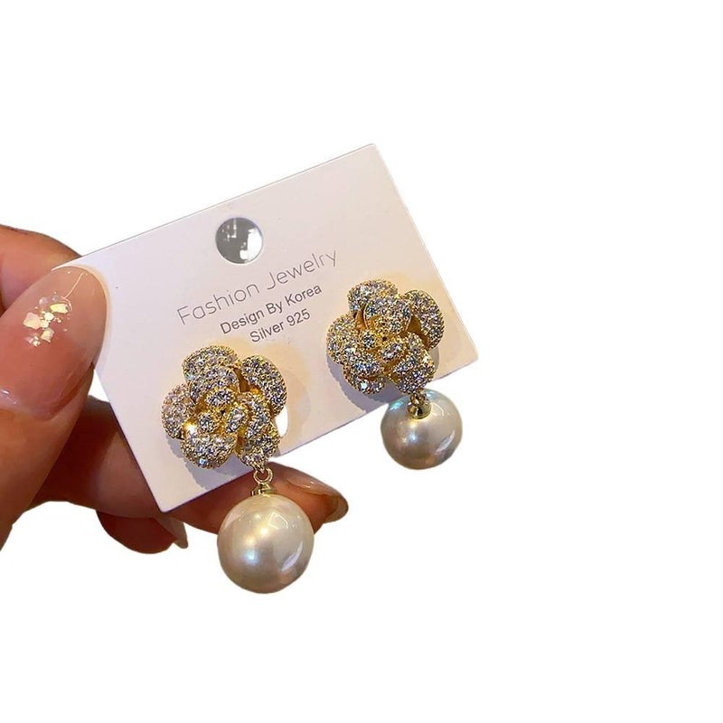 Rhinestone Detail Flower Pearl Earrings with Drop Accent Lightweight Jewelry for Daily Wear and Dressy Styling - Image 1