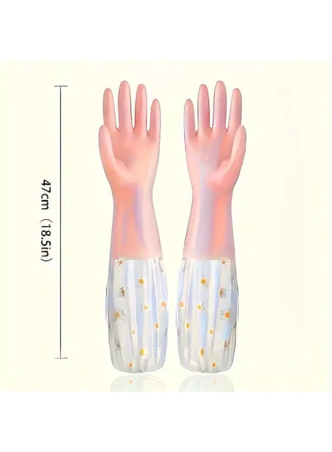 Blue Floral Pattern Long Sleeve PVC Cleaning Gloves Waterproof Non Slip Durable Kitchen Dishwashing Household Gloves - Image 3