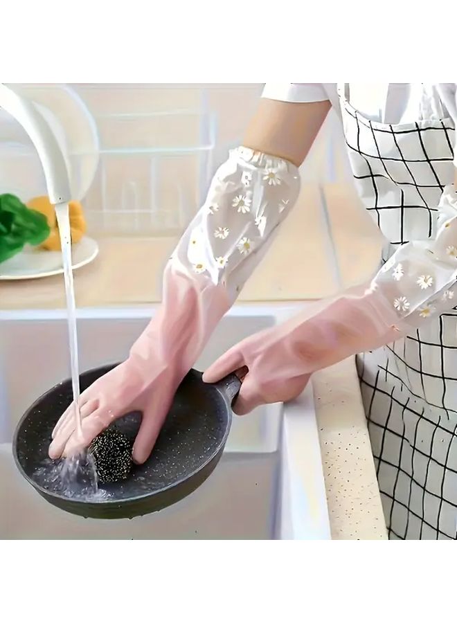 Blue Floral Pattern Long Sleeve PVC Cleaning Gloves Waterproof Non Slip Durable Kitchen Dishwashing Household Gloves - Image 4