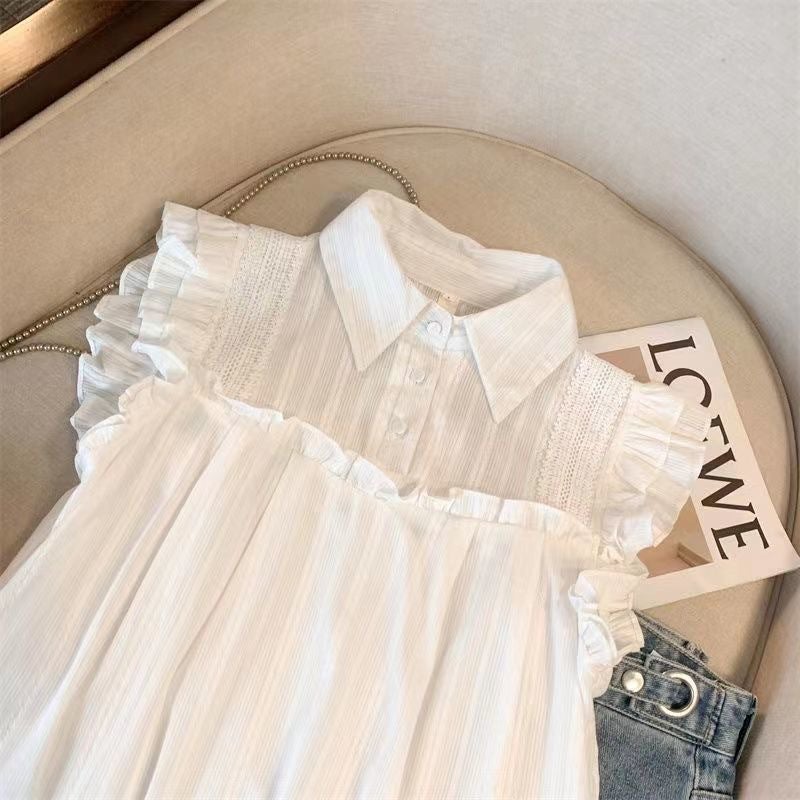2025 Shirt French Gentle Lapel Sleeveless Ruffled Flying Sleeve Summer Doll Loose Belly Covering Top - Image 4
