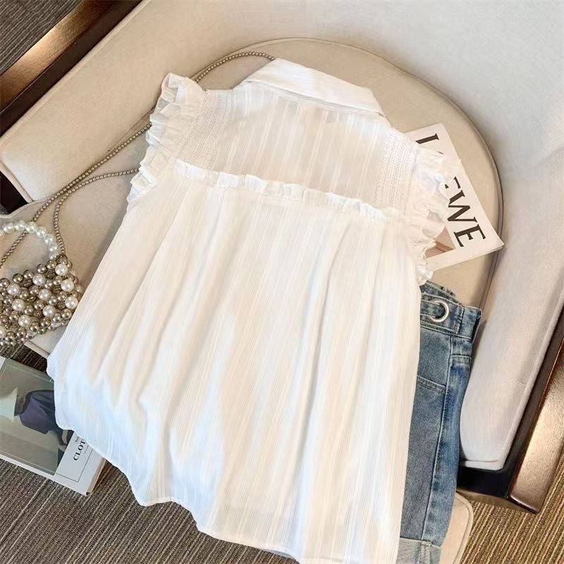 2025 Shirt French Gentle Lapel Sleeveless Ruffled Flying Sleeve Summer Doll Loose Belly Covering Top - Image 3
