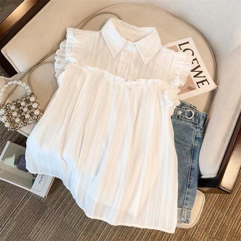 2025 Shirt French Gentle Lapel Sleeveless Ruffled Flying Sleeve Summer Doll Loose Belly Covering Top - Image 1