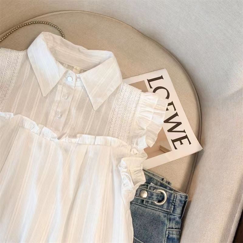 2025 Shirt French Gentle Lapel Sleeveless Ruffled Flying Sleeve Summer Doll Loose Belly Covering Top - Image 5