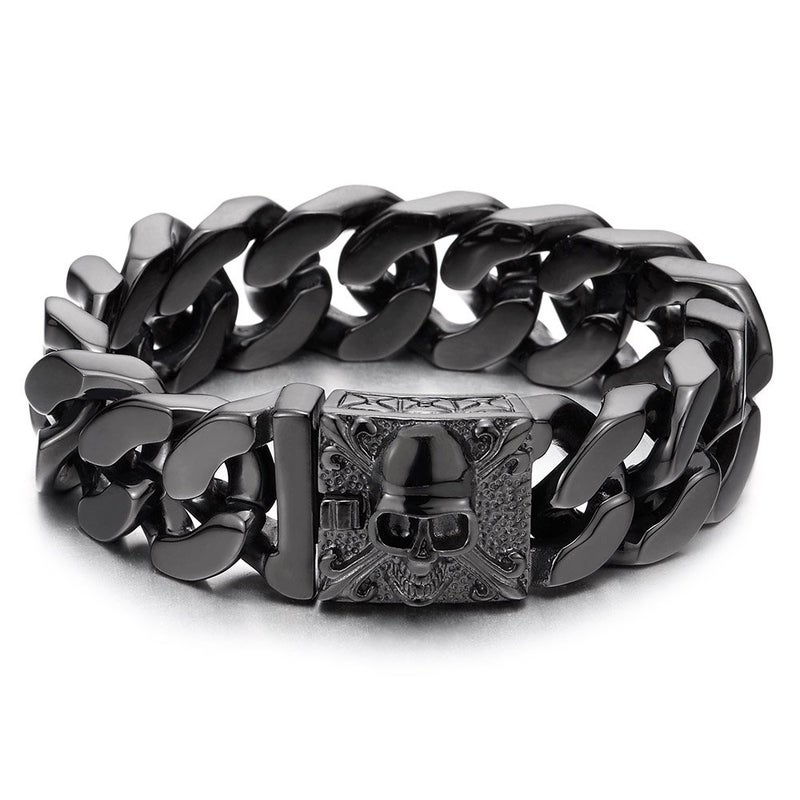 COOLSTEELANDBEYOND Menâ€™s Black Curb Chain Bracelet With Skull Box Clasp, Chunky Cuban Link Wristband, Gothic Biker Punk Jewelry Gift - Image 1