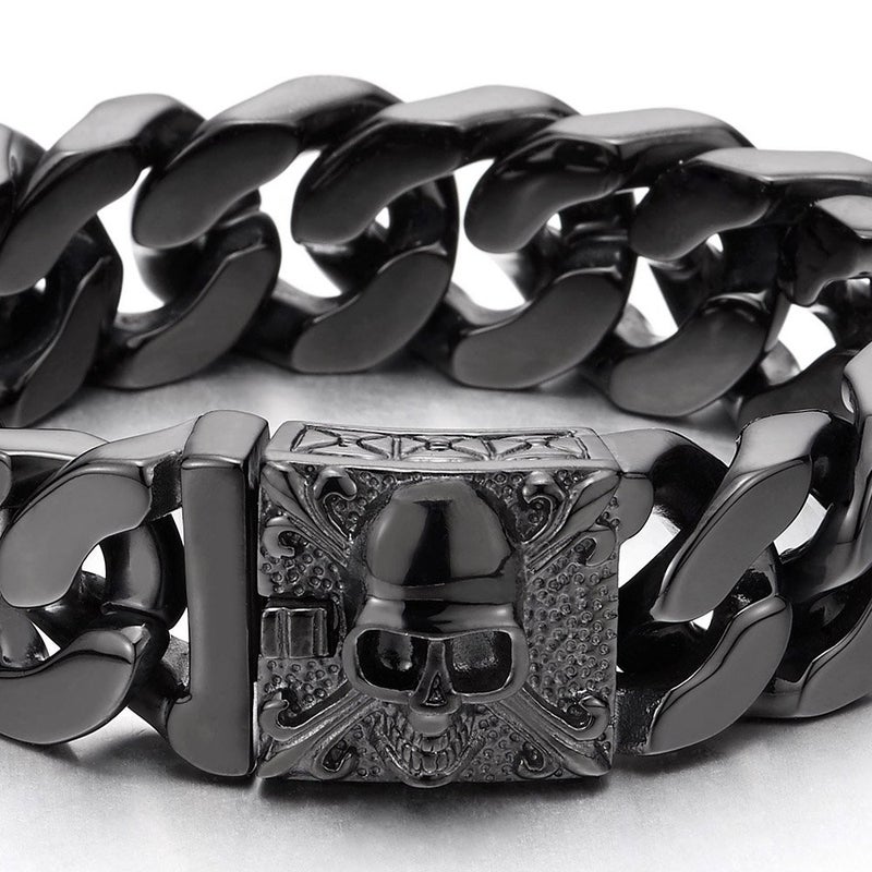 COOLSTEELANDBEYOND Menâ€™s Black Curb Chain Bracelet With Skull Box Clasp, Chunky Cuban Link Wristband, Gothic Biker Punk Jewelry Gift - Image 3