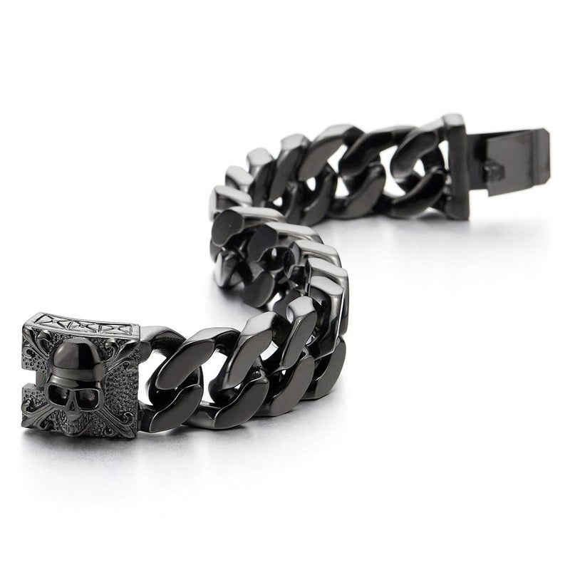 COOLSTEELANDBEYOND Menâ€™s Black Curb Chain Bracelet With Skull Box Clasp, Chunky Cuban Link Wristband, Gothic Biker Punk Jewelry Gift - Image 5