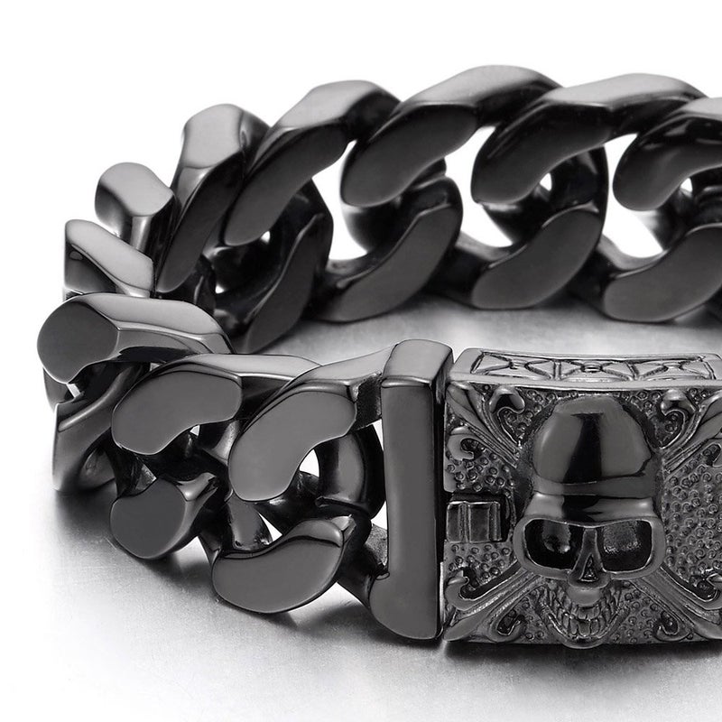 COOLSTEELANDBEYOND Menâ€™s Black Curb Chain Bracelet With Skull Box Clasp, Chunky Cuban Link Wristband, Gothic Biker Punk Jewelry Gift - Image 4