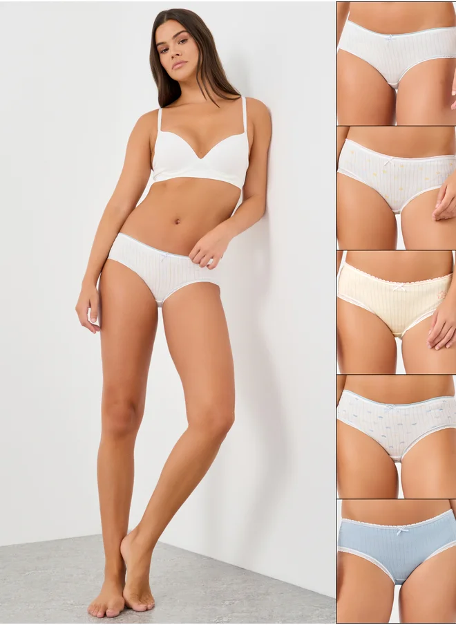 ستايلي Styli Pack of 5 - Rib Cotton Bow Detail Briefs with Contrast Elastic