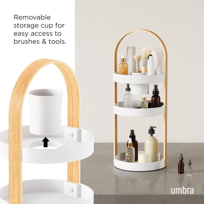 UMBRA Bellwood Caddy, Organizer for Makeup and Cosmetics, Durable Rotating Container with Wooden Handle, Large, White/Natural - Image 4