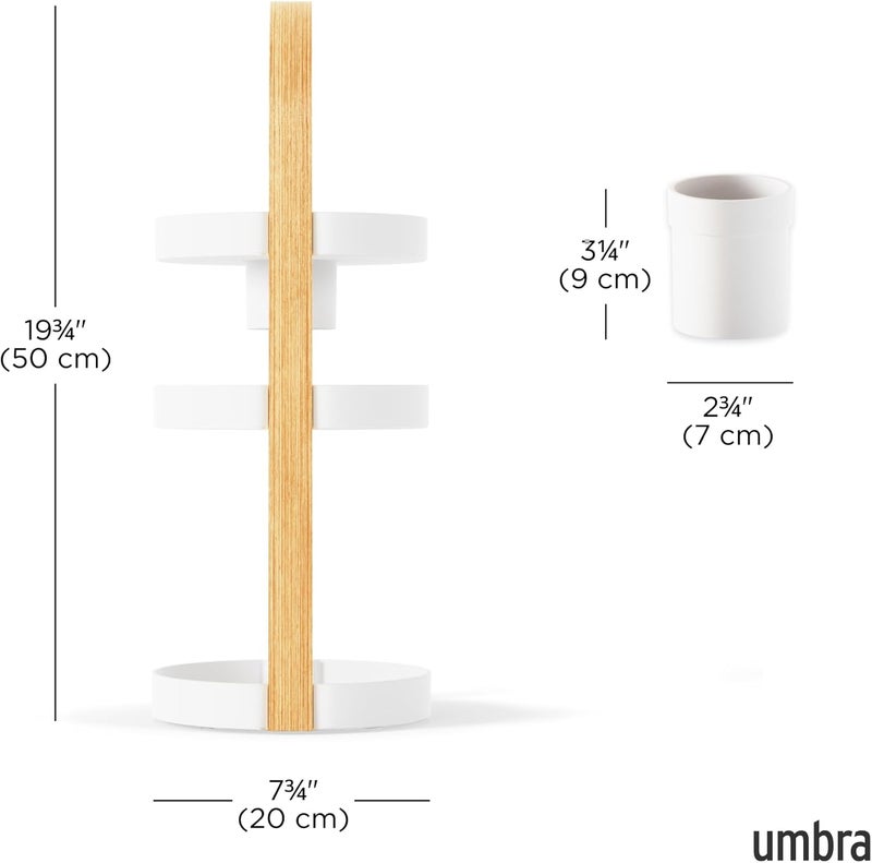 UMBRA Bellwood Caddy, Organizer for Makeup and Cosmetics, Durable Rotating Container with Wooden Handle, Large, White/Natural - Image 3