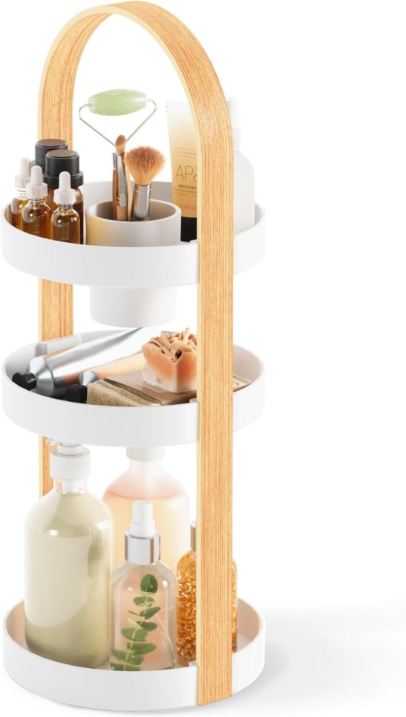 UMBRA Bellwood Caddy, Organizer for Makeup and Cosmetics, Durable Rotating Container with Wooden Handle, Large, White/Natural - Image 1