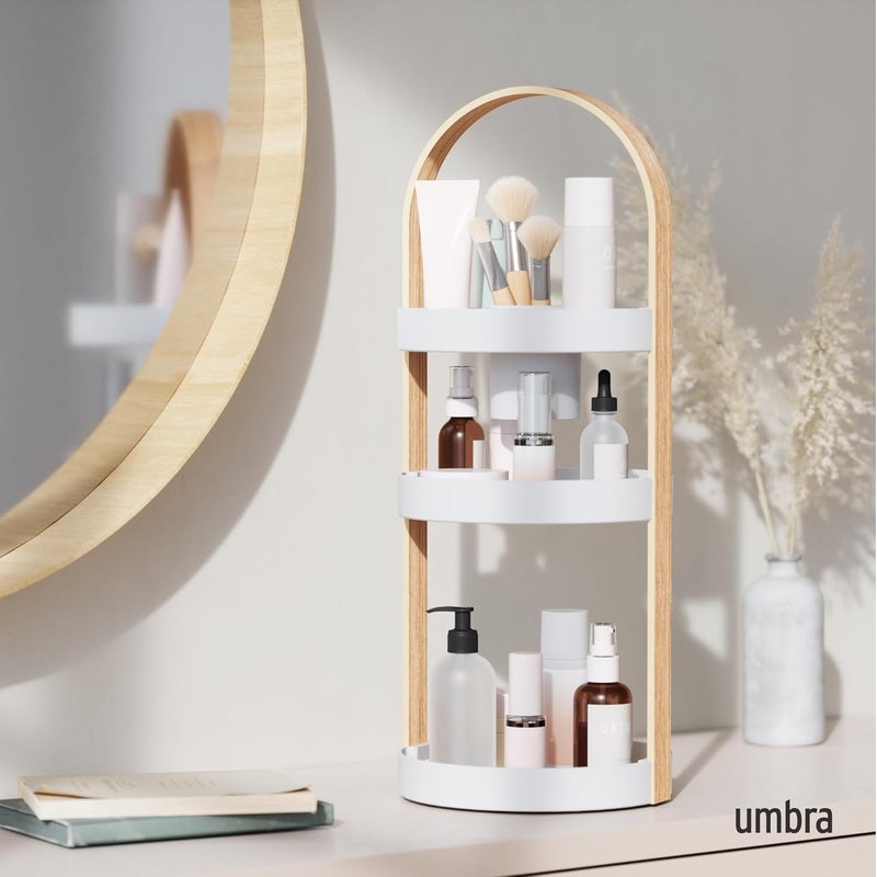 UMBRA Bellwood Caddy, Organizer for Makeup and Cosmetics, Durable Rotating Container with Wooden Handle, Large, White/Natural - Image 2