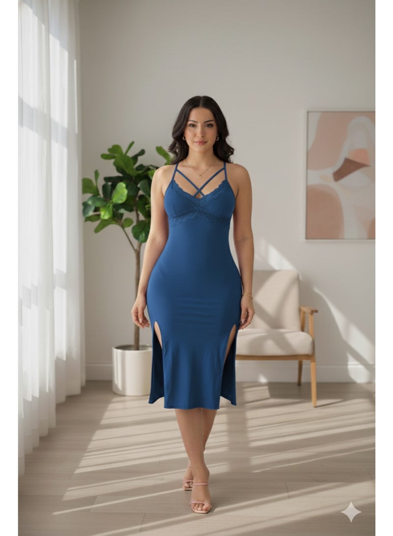 WARD Women's Long Lingerie Dress with Side Openings and Crisscross Neck Strap - Image 1