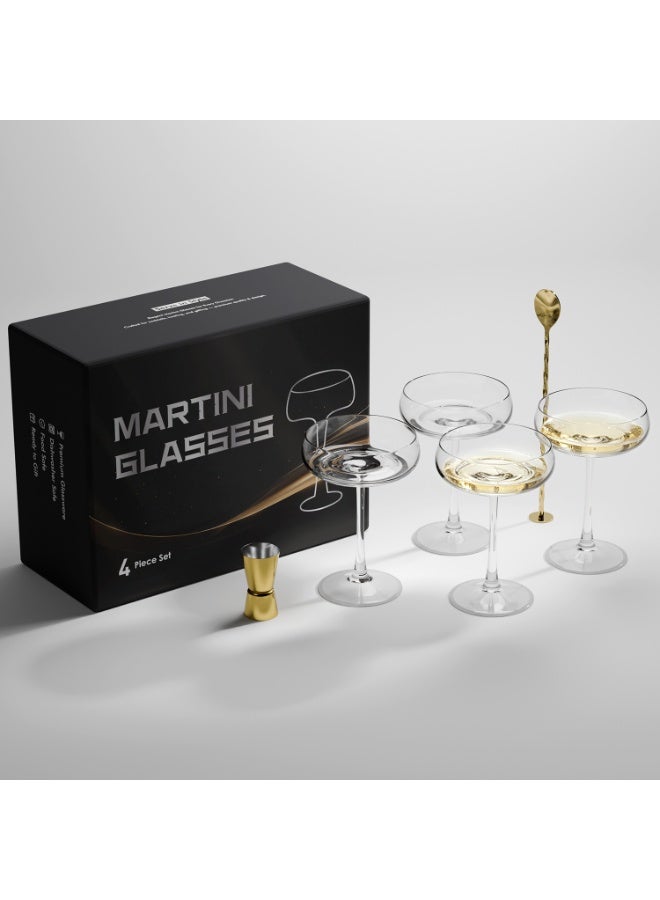 Ribbed Espresso Martini Glasses Set of 4 with Gold Rims | Coupe Glasses | Vintage Cocktail Glasses for Margaritas, Champagne and More - Includes Jigger & Bar Spoon | - Image 1