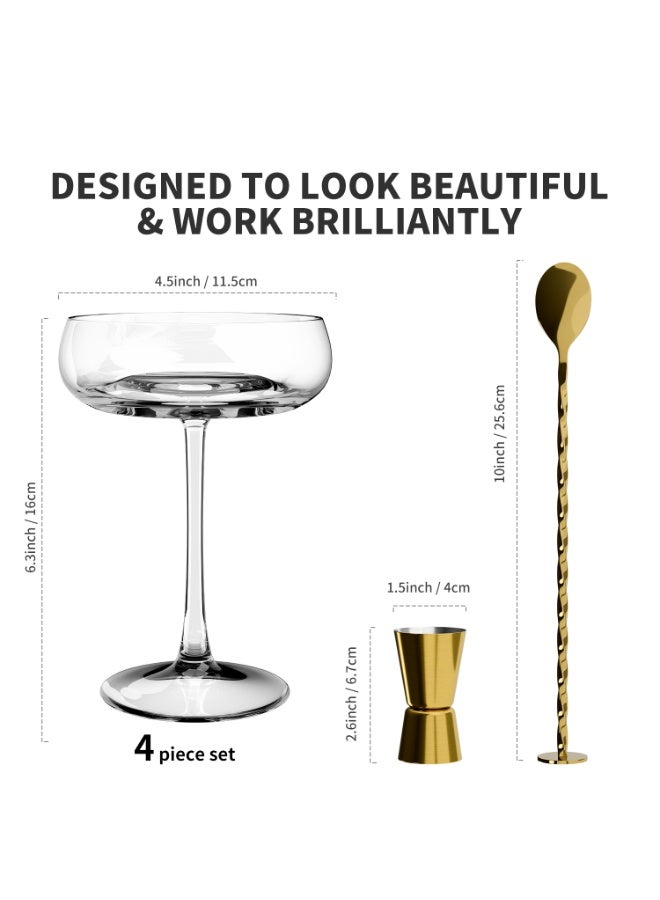 Ribbed Espresso Martini Glasses Set of 4 with Gold Rims | Coupe Glasses | Vintage Cocktail Glasses for Margaritas, Champagne and More - Includes Jigger & Bar Spoon | - Image 2