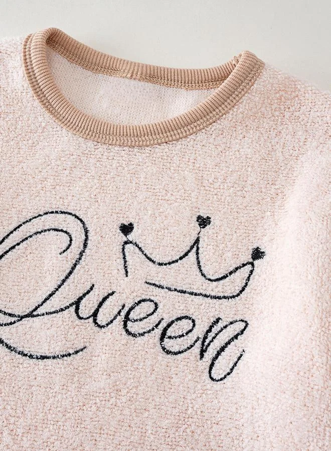 Take Two Slogan Embroidery Round Neck Top with Long Pyjama Set