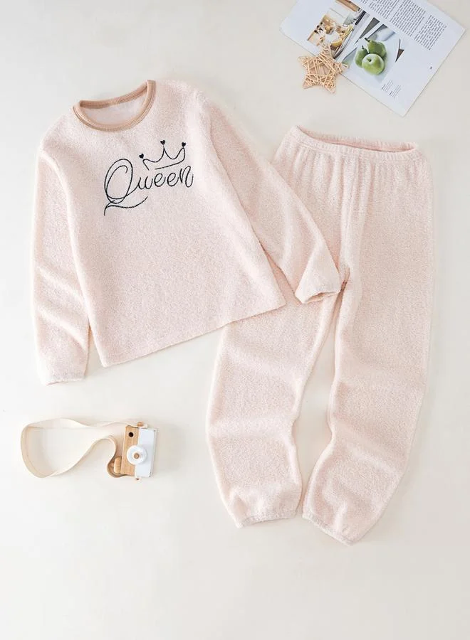 Take Two Slogan Embroidery Round Neck Top with Long Pyjama Set
