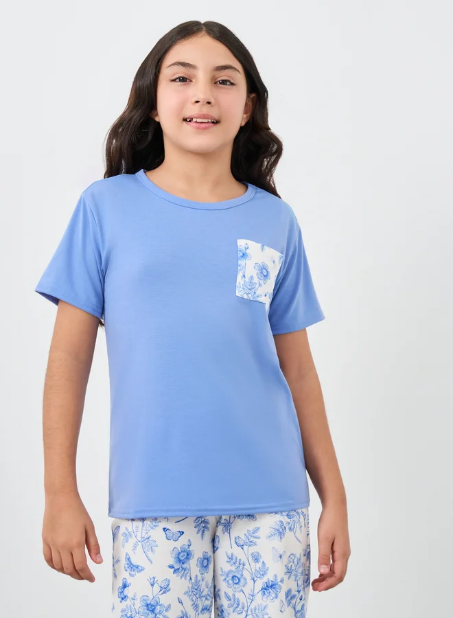 ستايلي Styli Floral Patch Pocket Print T-Shirt and Pyjama Set