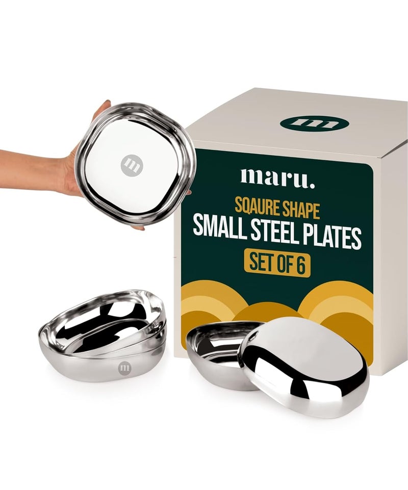 MARU Stainless Steel Small Snack Plates Set of 6 – Durable Square Quarter Plates for Kids, Perfect for Desserts, Halwa, Nastha, Breakfast, and Snacks - Image 1