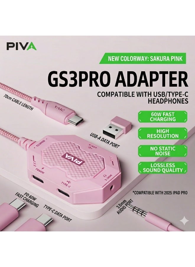 PIVA GS3 PRO-Z 4-in-1 Type-C Adapter, 32-bit Audio Support, 60W Charging Power Supply, Pink - Image 2