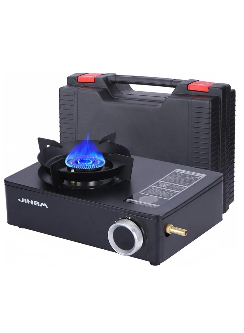 جيهام موقد غاز البوتان المحمول مع حقيبة حمل، موقد تخييم أحادي الشعلات للطهي في الهواء الطلق والشواء والسفر والنزهات، موقد غاز البوتان صغير الحجم وآمن للاستخدام المنزلي والتخييم، لون أسود - Image 1