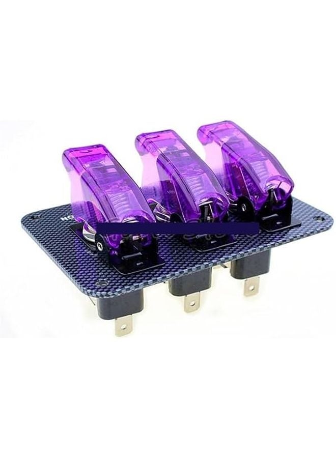12V LED Toggle Switch with Transparent Purple Lid and Blue Light on Carbon Fiber Panel - Image 3