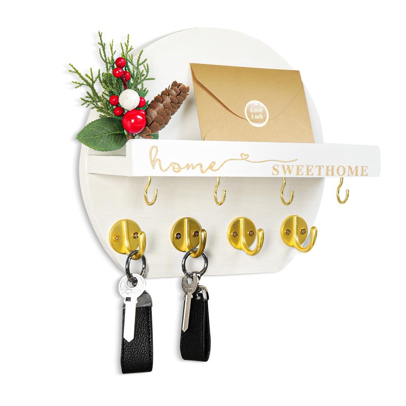 LEIRUOTM Key Holder for Wall, Key and Mail Holder Organizer - Key Holder Wall Mount with Bouquet Shelf and Key Hooks, Round Wooden Rustic Key Rack for Entryway and Home Decor (White) - Image 1