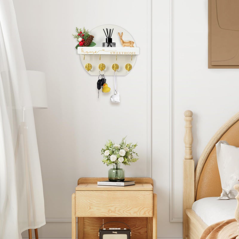 LEIRUOTM Key Holder for Wall, Key and Mail Holder Organizer - Key Holder Wall Mount with Bouquet Shelf and Key Hooks, Round Wooden Rustic Key Rack for Entryway and Home Decor (White) - Image 5