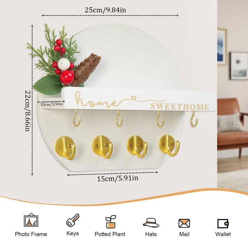 LEIRUOTM Key Holder for Wall, Key and Mail Holder Organizer - Key Holder Wall Mount with Bouquet Shelf and Key Hooks, Round Wooden Rustic Key Rack for Entryway and Home Decor (White) - Image 3