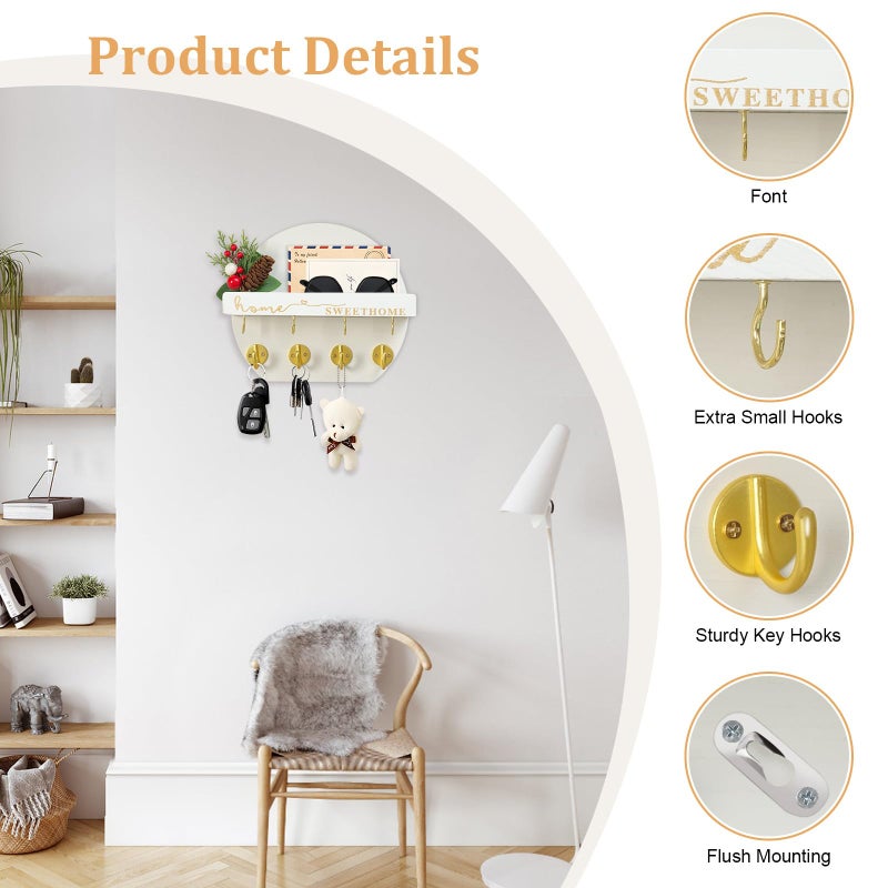 LEIRUOTM Key Holder for Wall, Key and Mail Holder Organizer - Key Holder Wall Mount with Bouquet Shelf and Key Hooks, Round Wooden Rustic Key Rack for Entryway and Home Decor (White) - Image 2