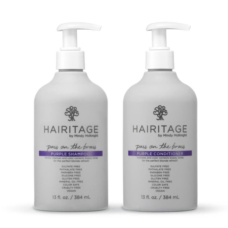 Hairitage Pass on the Brass Purple Shampoo and Conditioner for Color-Treated Hair - Corrects Brassy Tones, Moisturizes Blonde and Gray Hair Ends - 13 oz - Image 1