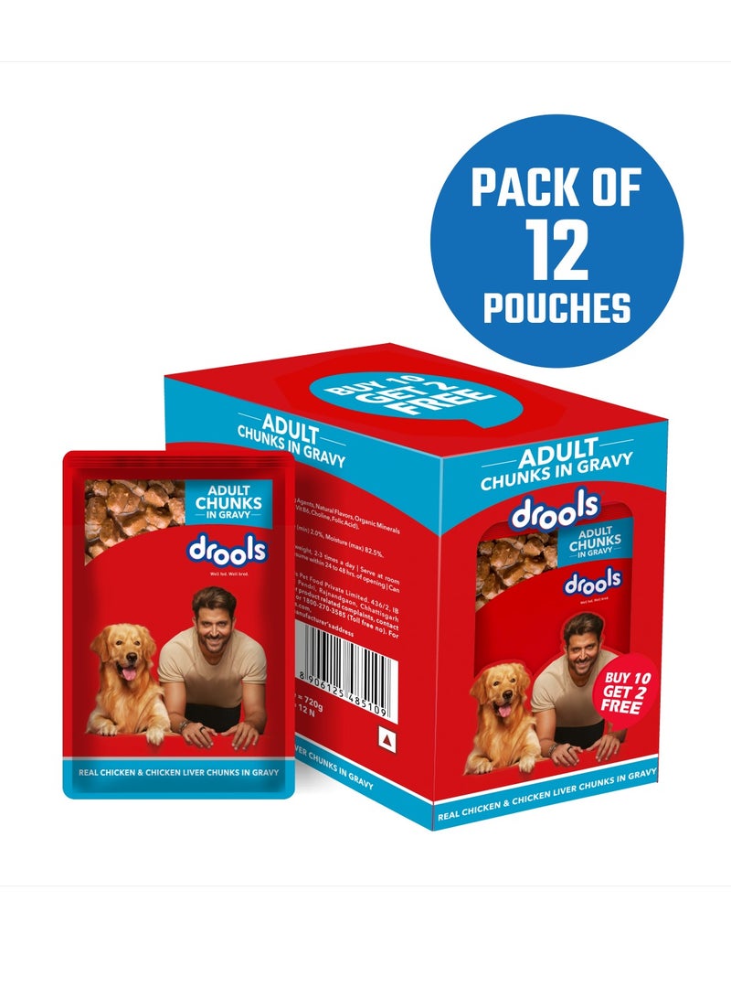 Drools Adult Wet Dog Food Real Chicken and Chicken Liver Chunks in Gravy 10 + 2 Pouches Free 12 x 60g  - Image 1
